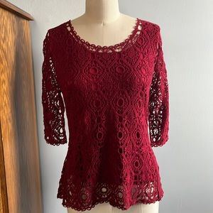 Christopher & Banks burgundy red crochet top with burgundy tank underlay